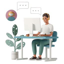 Illustrated character talking with customer over the computer