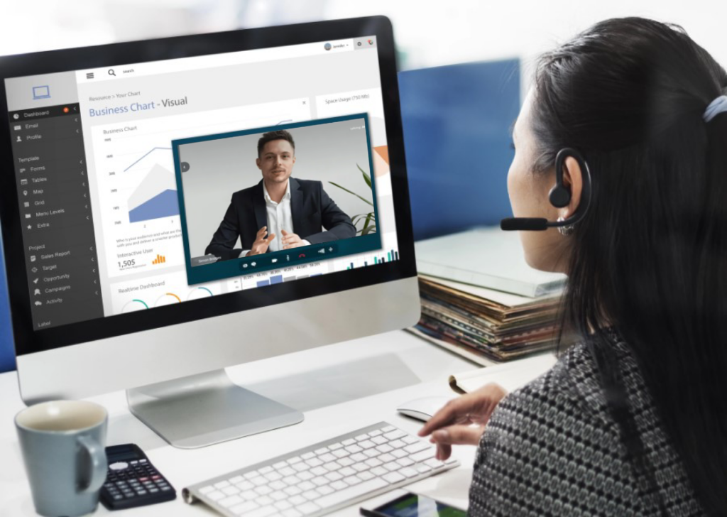 Woman with headset talking to customer over click to call