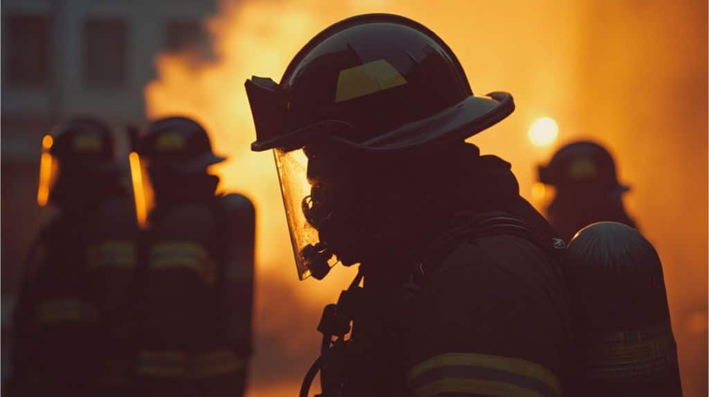 A firefighter silhouette with a fire burning in the background